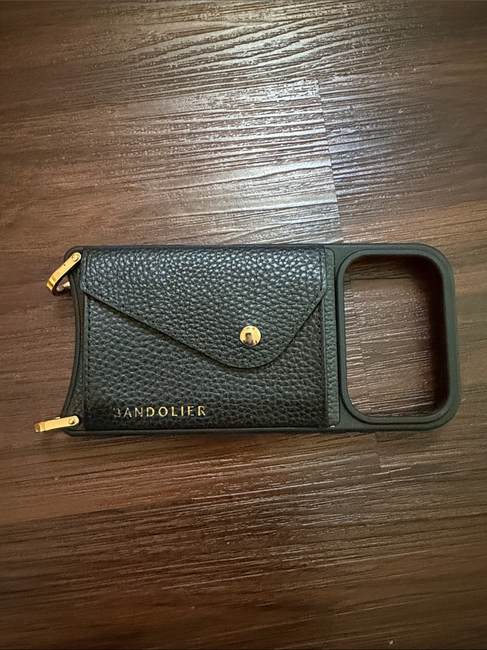 Bandolier Black Leather Card Pocket iPhone 17Pro Case — NO STRAP